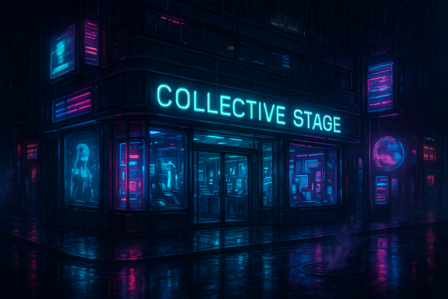 create a store front cyberpunk image displaying the name Collective Stage